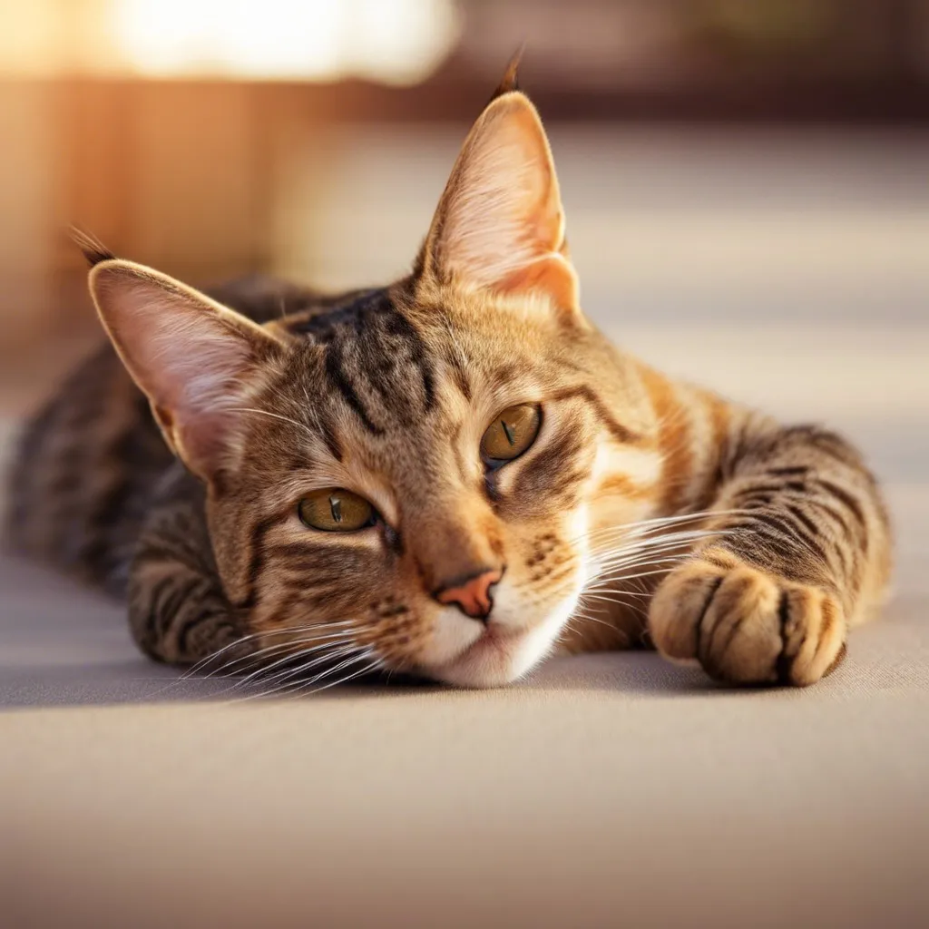 An adult tabby cat lying down