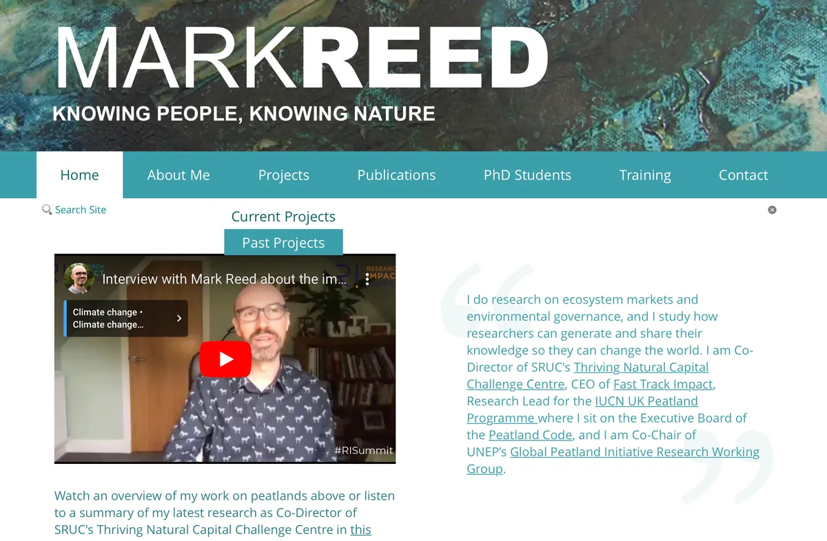 Screenshot of Mark Reed's home page, showing the open 'Projects' sub-menu with 'Current Projects' and 'Past Projects'