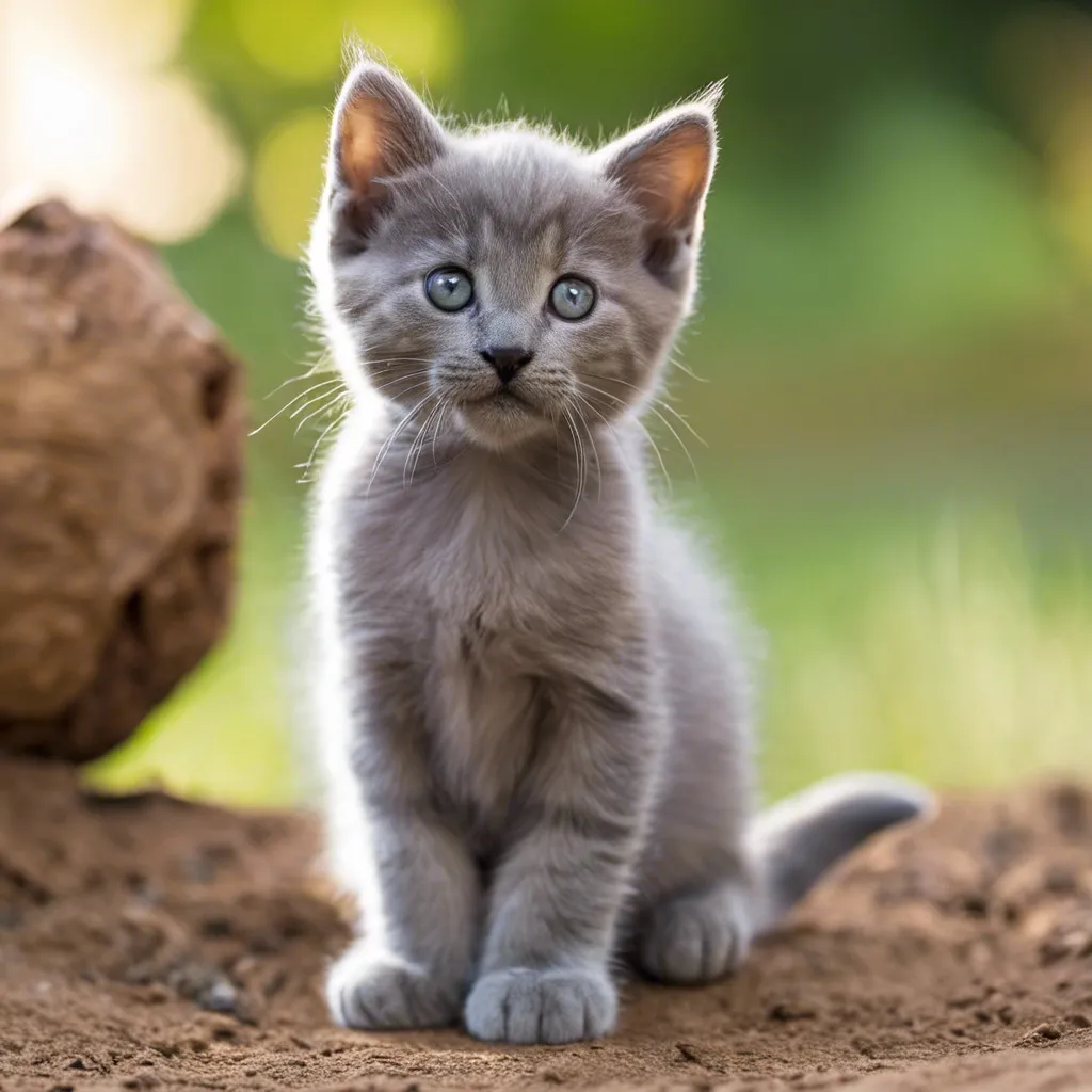 A grey kitten sitting on dry earth