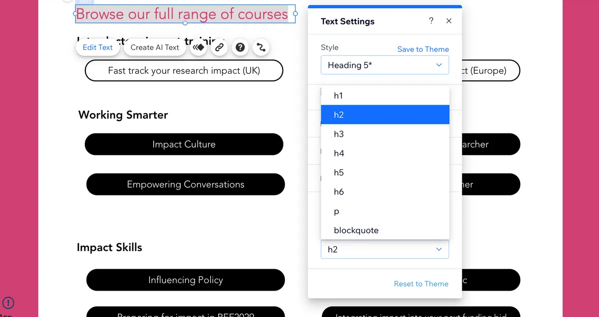 Screenshot of the technique used to label text hierarchy in WIX Editor