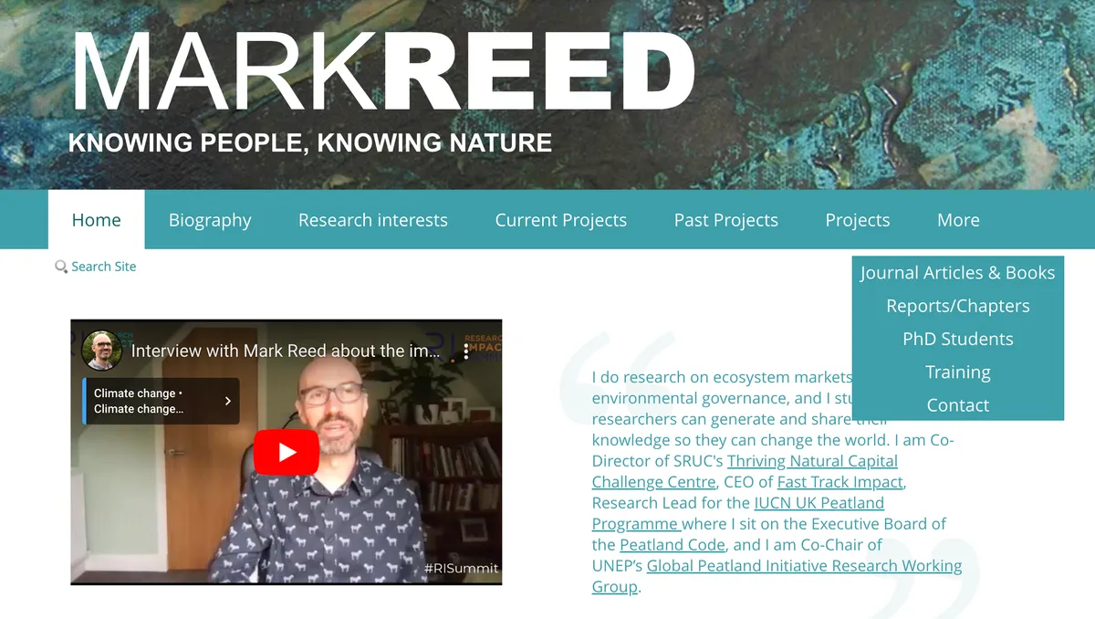 Mark Reed's homepage with 10 items in the main menu, showing that the last 4 items have been stored under a tab saying 'More'