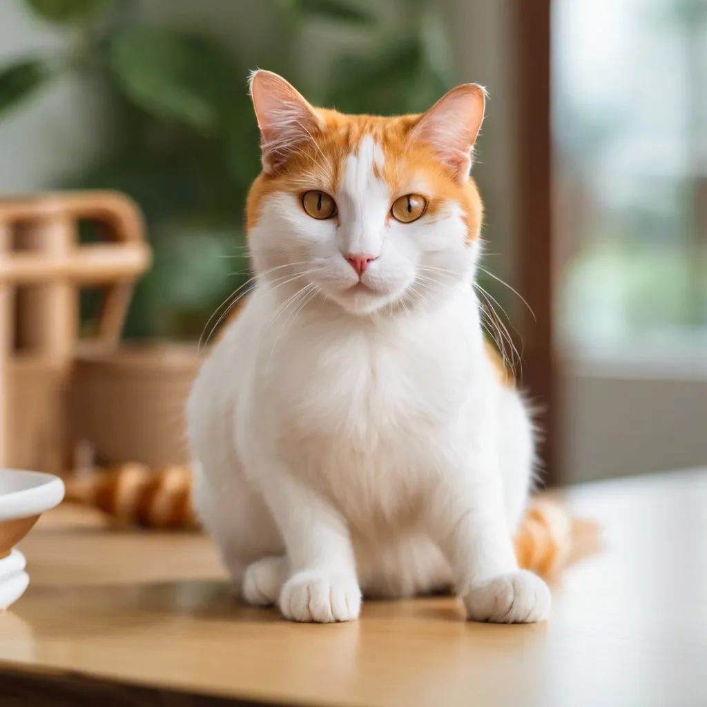 White cat with ginger markings sitting on a table