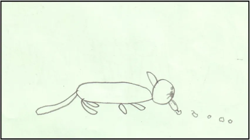 A child's drawing of a ferret eating biscuits