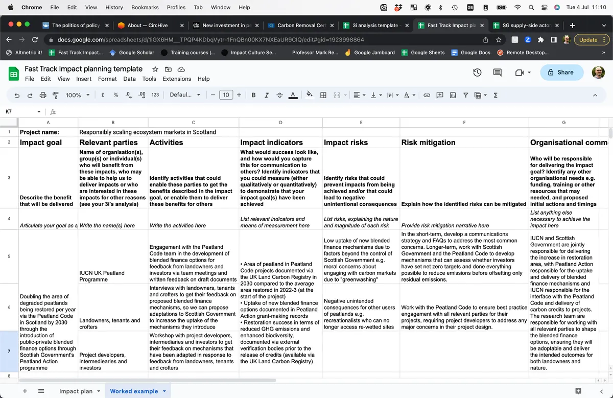 Fast Track Impact Planning Template worked example